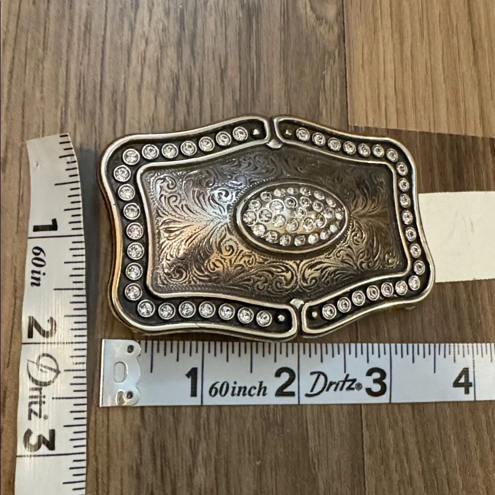 Justin Leather Belt Swarovski Crystals Silver Tooled Removable Buckle 34 NWT